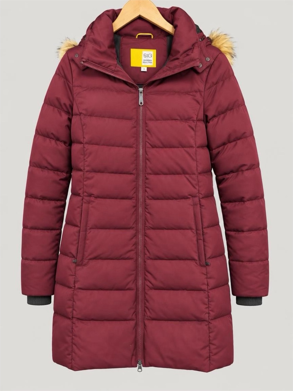 Lolë Long Down Puffer Parka Burgundy Faux Fur Hood Women’s L